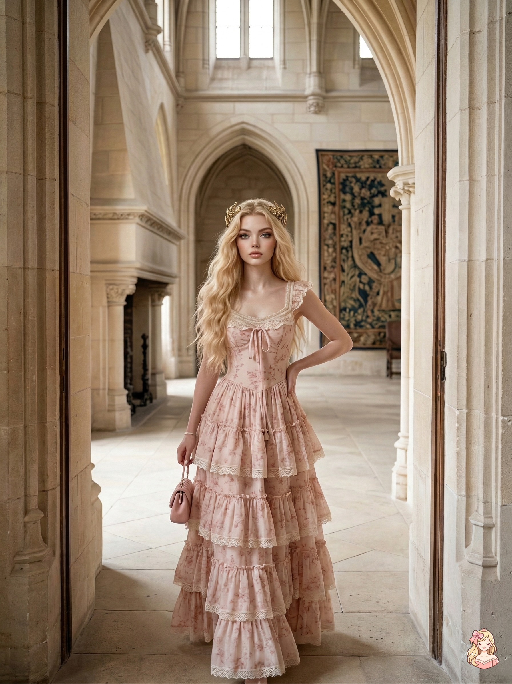 Woman in a pink dress standing in an elegant interior setting
