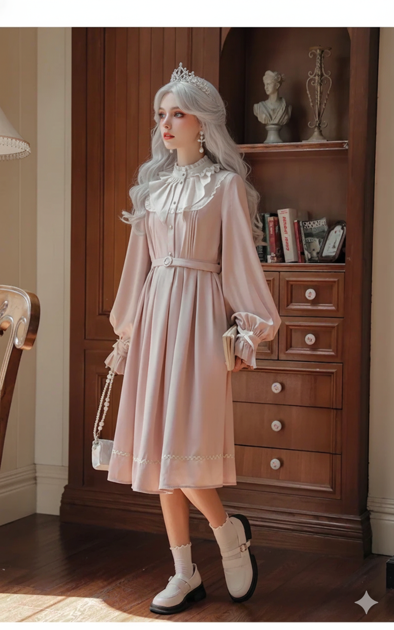 French Sweet Cute Dresses Pink Stand Collar Ruffle Design Chic Flared Sleeve Chiffon Dress French Parisian Lolita Vestidos