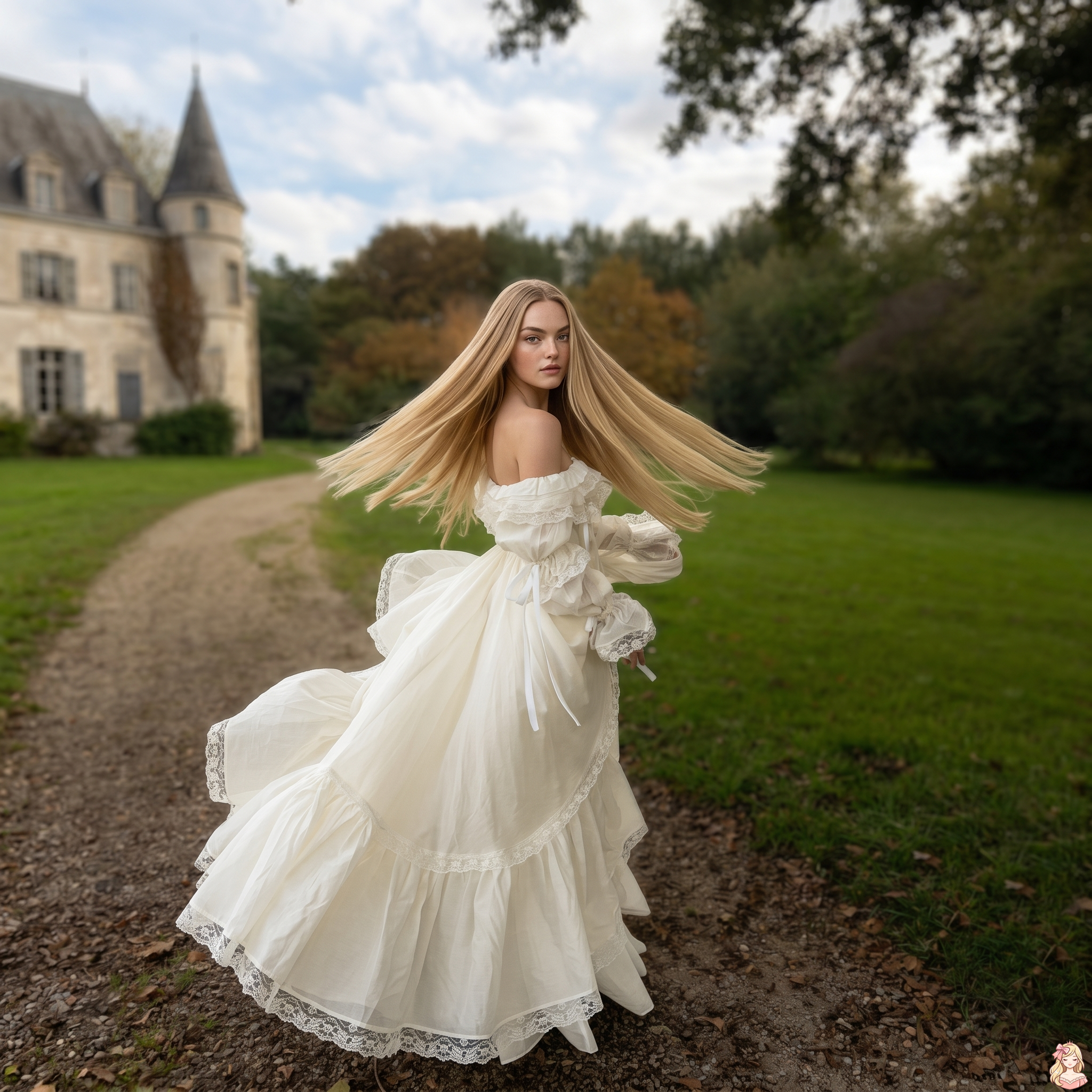 Woman in a white dress with long blonde hair standing in a garden path with a castle in the background