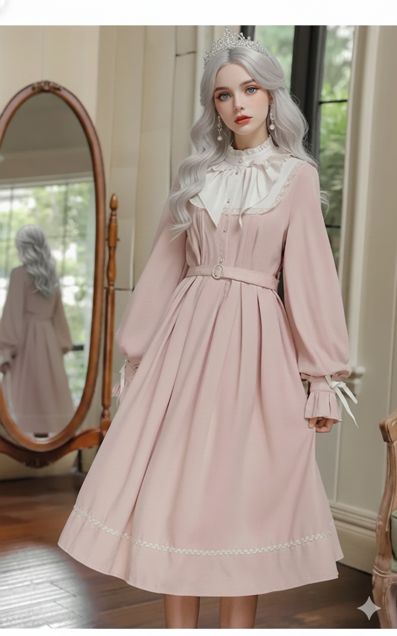 French Sweet Cute Dresses Pink Stand Collar Ruffle Design Chic Flared Sleeve Chiffon Dress French Parisian Lolita Vestidos