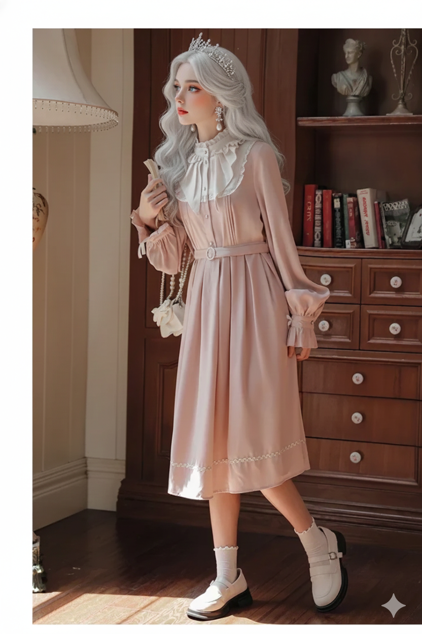 French Sweet Cute Dresses Pink Stand Collar Ruffle Design Chic Flared Sleeve Chiffon Dress French Parisian Lolita Vestidos
