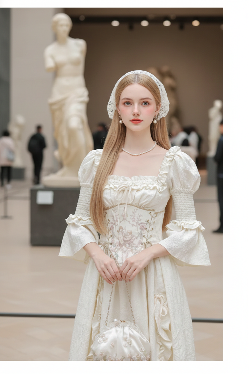 Vintage Parisian Style Princess Dress For Woman Retro French Jacquard Bandage Puff Sleeve Fairy Dresses Stage Performance