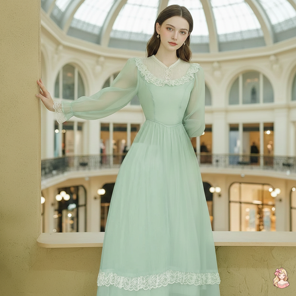 The Tuileries Green Fairy Dress | V-Neck Lace Flare Sleeve Midi | French Retro Empire Gown | Parisian Princess