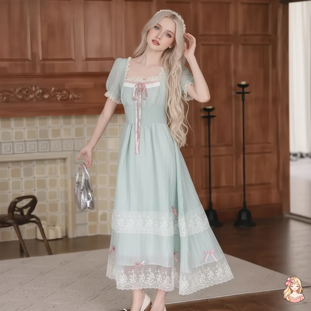 The Chambord Fairy Gown | Green Bow Lace Square Neck Dress | French Mori Girl Summer Dress | Parisian Princess
