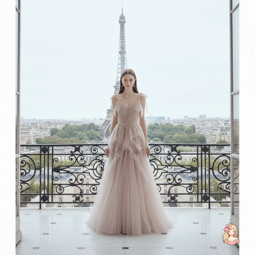 The French Sequined Crown Gown | V-Neck Crepe Ball Gown | Luxury Summer Wedding Party Dress | Parisian Princess