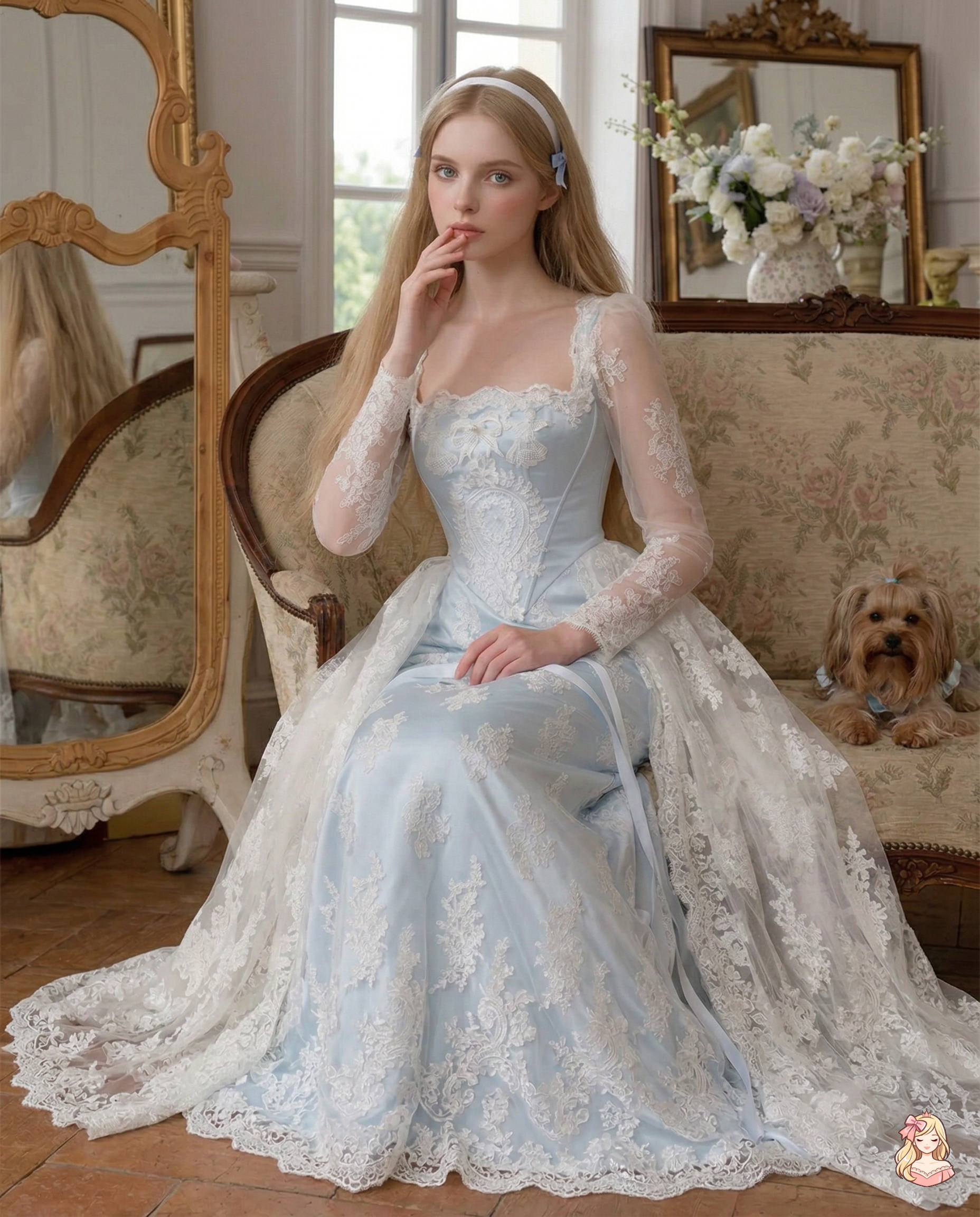 The Azure Serenity Gown | Light Blue Square Neck Lace Prom Dress | Elegant Long Sleeve Ankle-Length | Parisian Princess