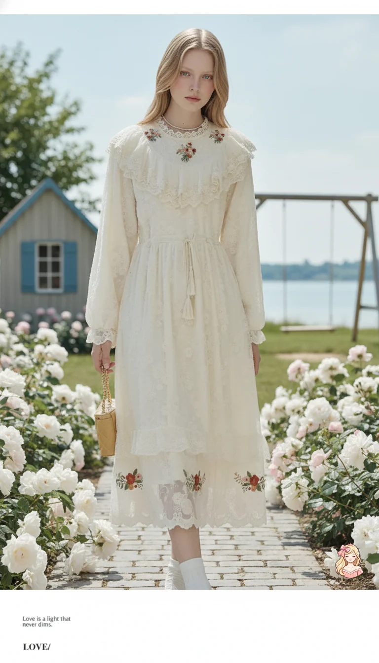 The Apricot Petal Gown | Embroidered Lace Ruffle Dress | French Romantic Fairy Maxi | Parisian Princess