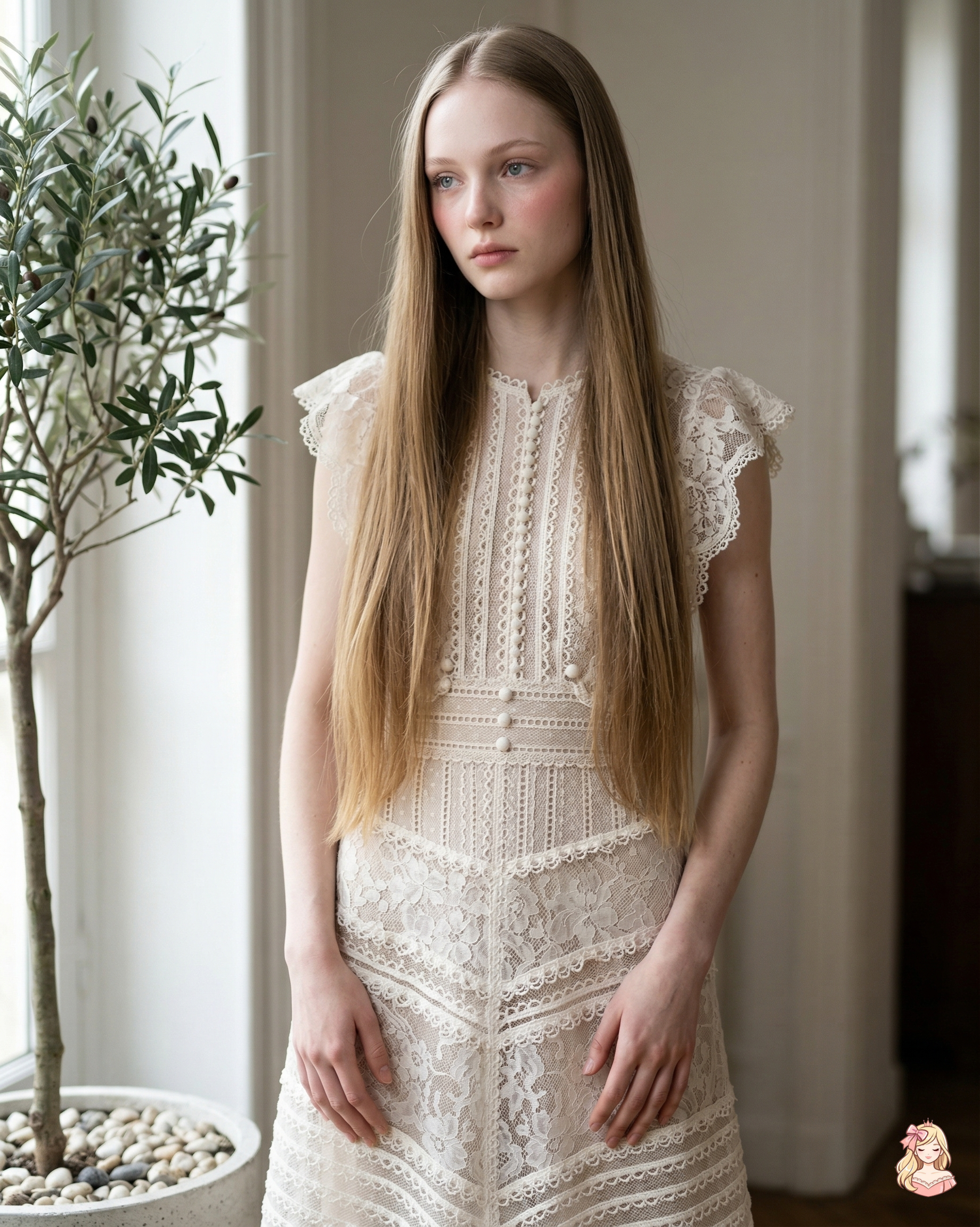 Woman wearing a white lace dress standing indoors with a plant in the background