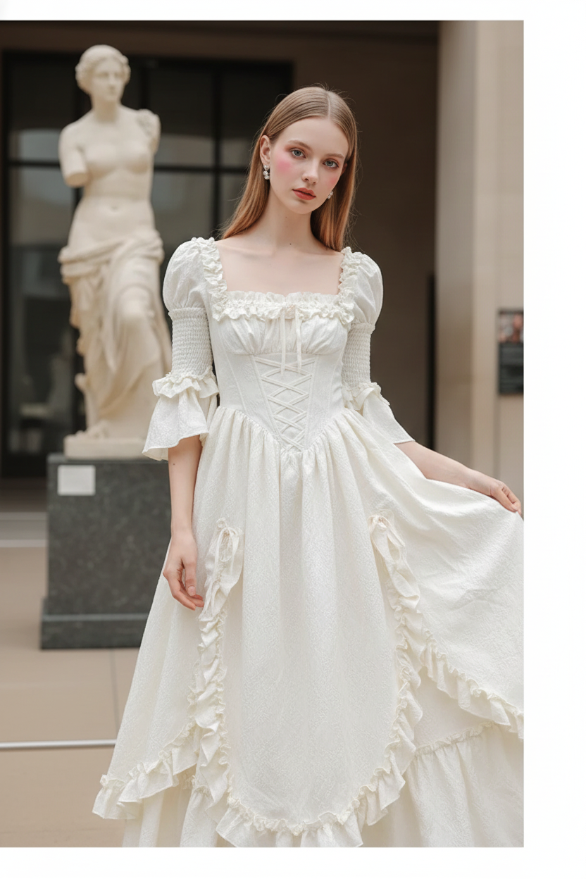 Vintage Parisian Style Princess Dress For Woman Retro French Jacquard Bandage Puff Sleeve Fairy Dresses Stage Performance