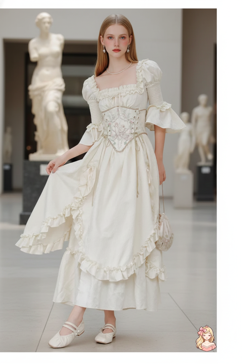 The Palais Jacquard Gown | Square Neck Princess Sleeve Midi | French Victorian Stage Dress | Parisian Princess