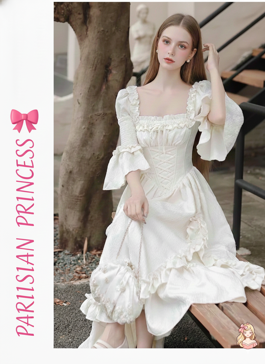 The Palais Jacquard Gown | Square Neck Princess Sleeve Midi | French Victorian Stage Dress | Parisian Princess