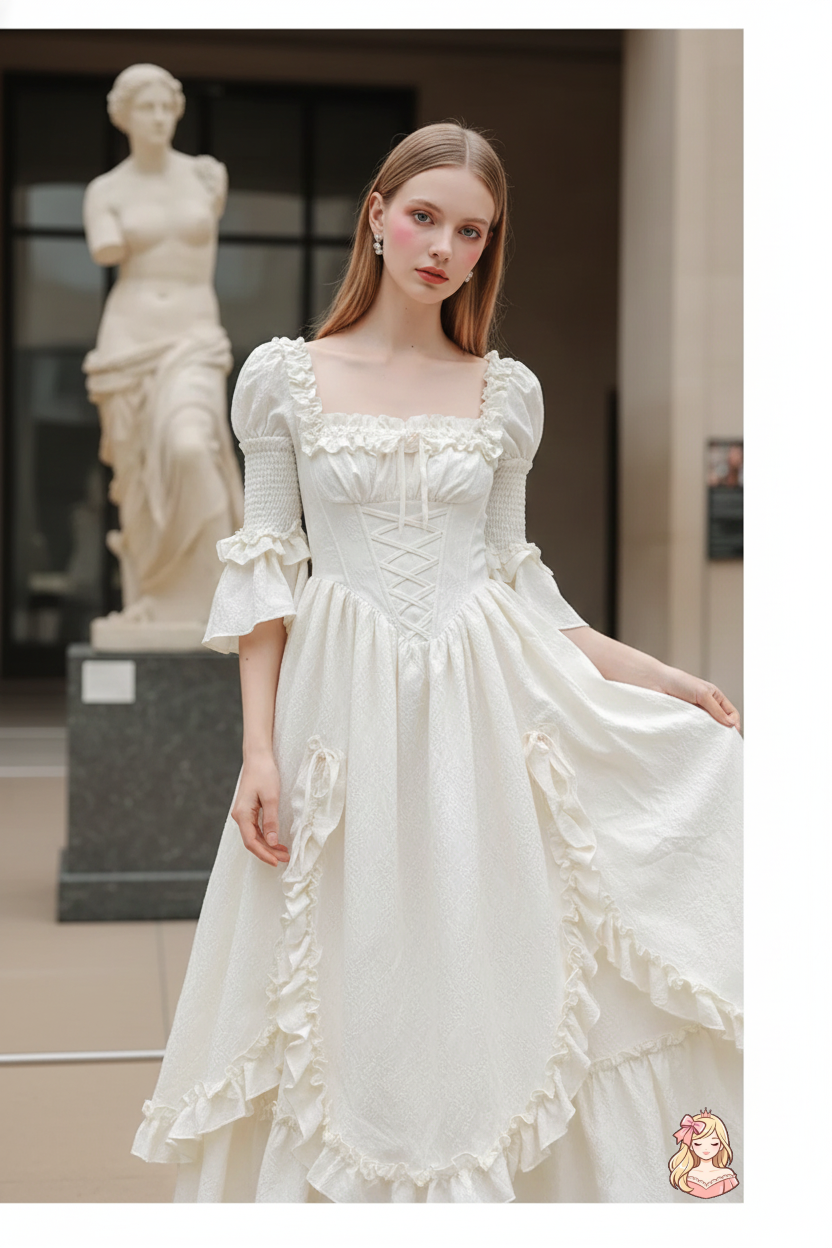 The Palais Jacquard Gown | Square Neck Princess Sleeve Midi | French Victorian Stage Dress | Parisian Princess