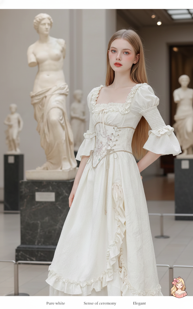 The Palais Jacquard Gown | Square Neck Princess Sleeve Midi | French Victorian Stage Dress | Parisian Princess