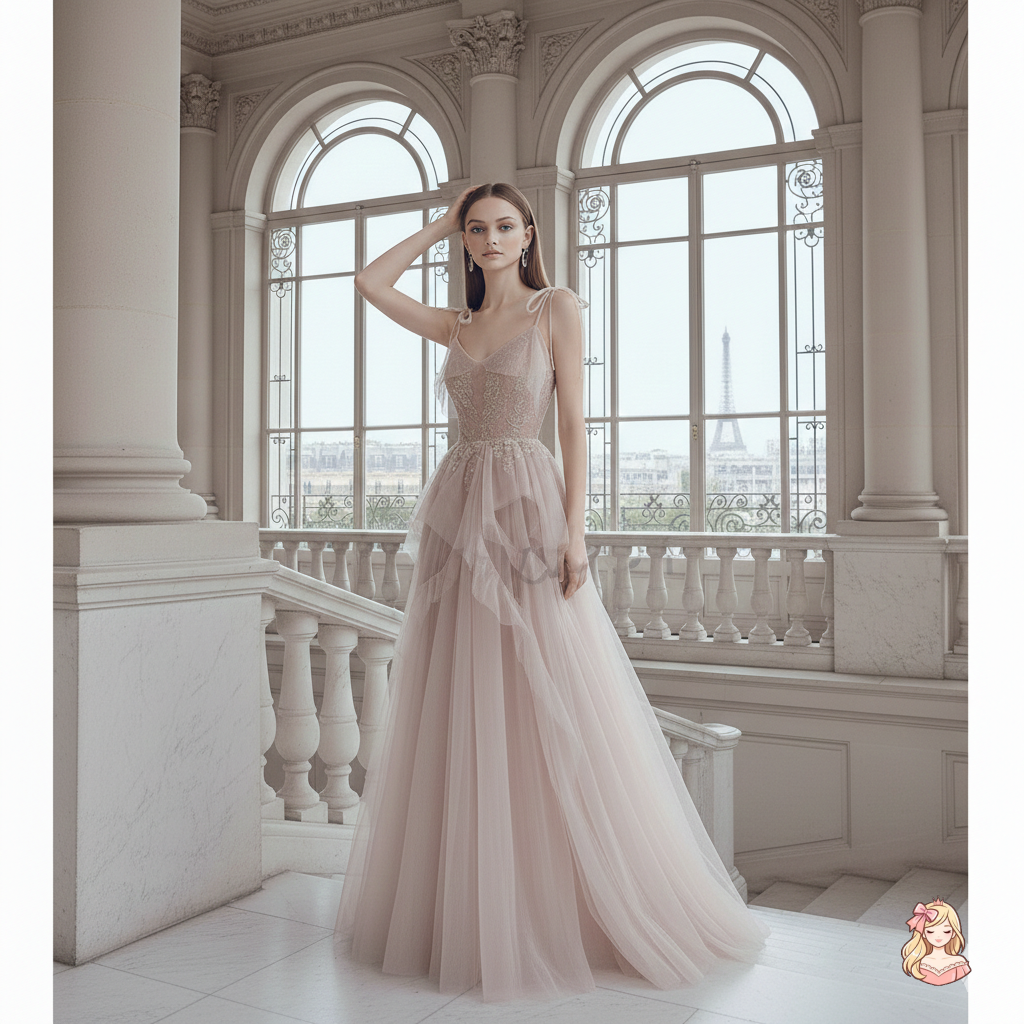 The French Sequined Crown Gown | V-Neck Crepe Ball Gown | Luxury Summer Wedding Party Dress | Parisian Princess