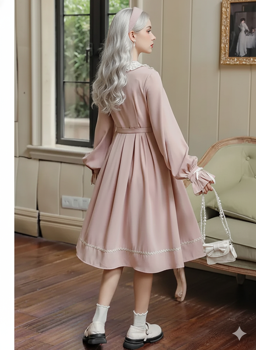 French Sweet Cute Dresses Pink Stand Collar Ruffle Design Chic Flared Sleeve Chiffon Dress French Parisian Lolita Vestidos