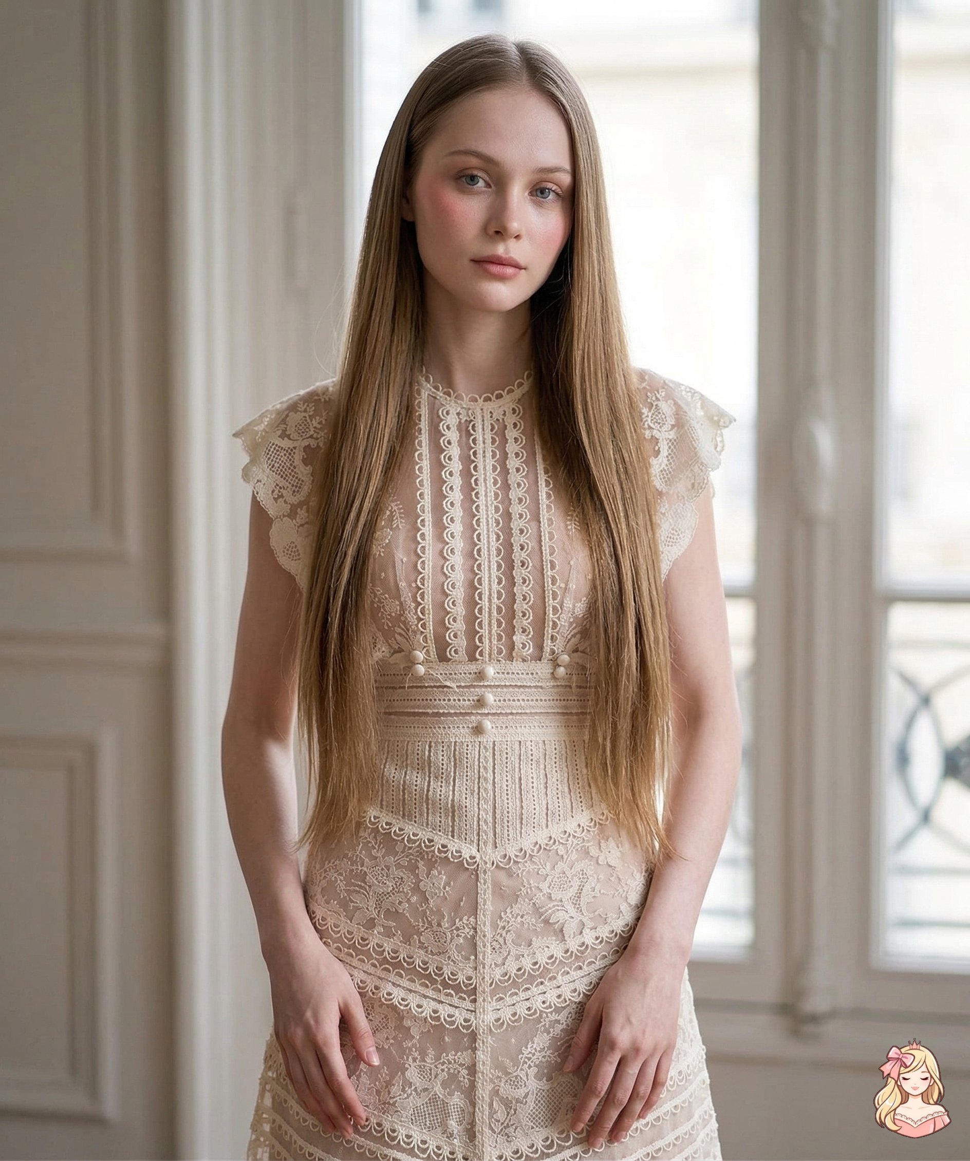 Woman wearing a beige lace dress standing in a softly lit room.