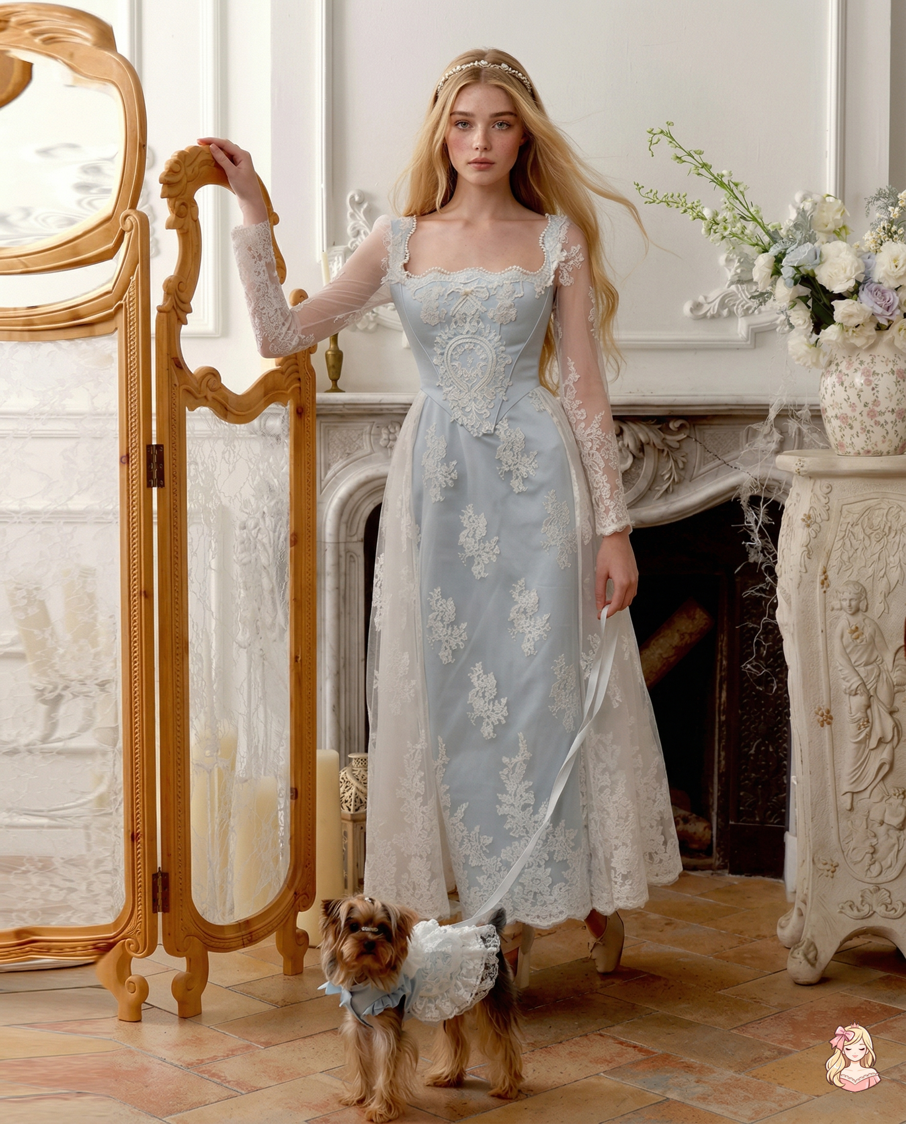 The Azure Serenity Gown | Light Blue Square Neck Lace Prom Dress | Elegant Long Sleeve Ankle-Length | Parisian Princess