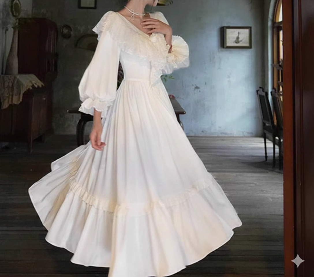 Parisian Satin Lace Dress Lantern Sleeve Long Maxi Ladies S-XL Vintage High Waist 2025 New V Neck White