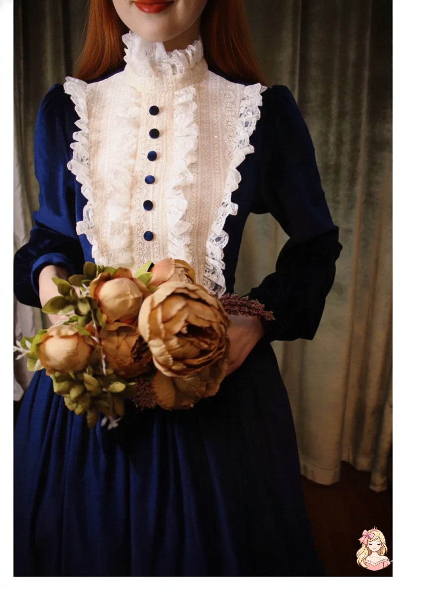The French Court Velvet Gown | Lace Stitching Long Sleeve Maxi | Parisian Retro Lolita Dress | Parisian Princess