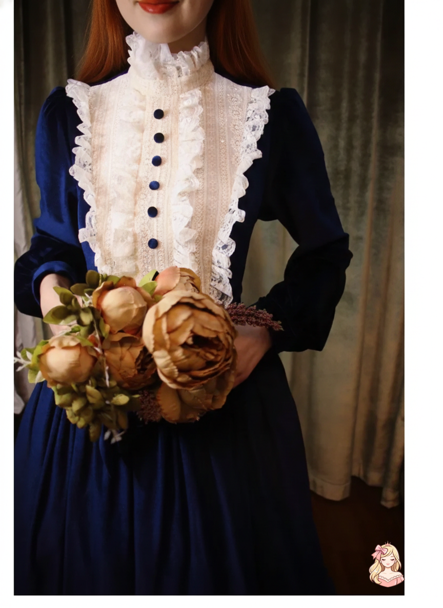 The French Court Velvet Gown | Lace Stitching Long Sleeve Maxi | Parisian Retro Lolita Dress | Parisian Princess