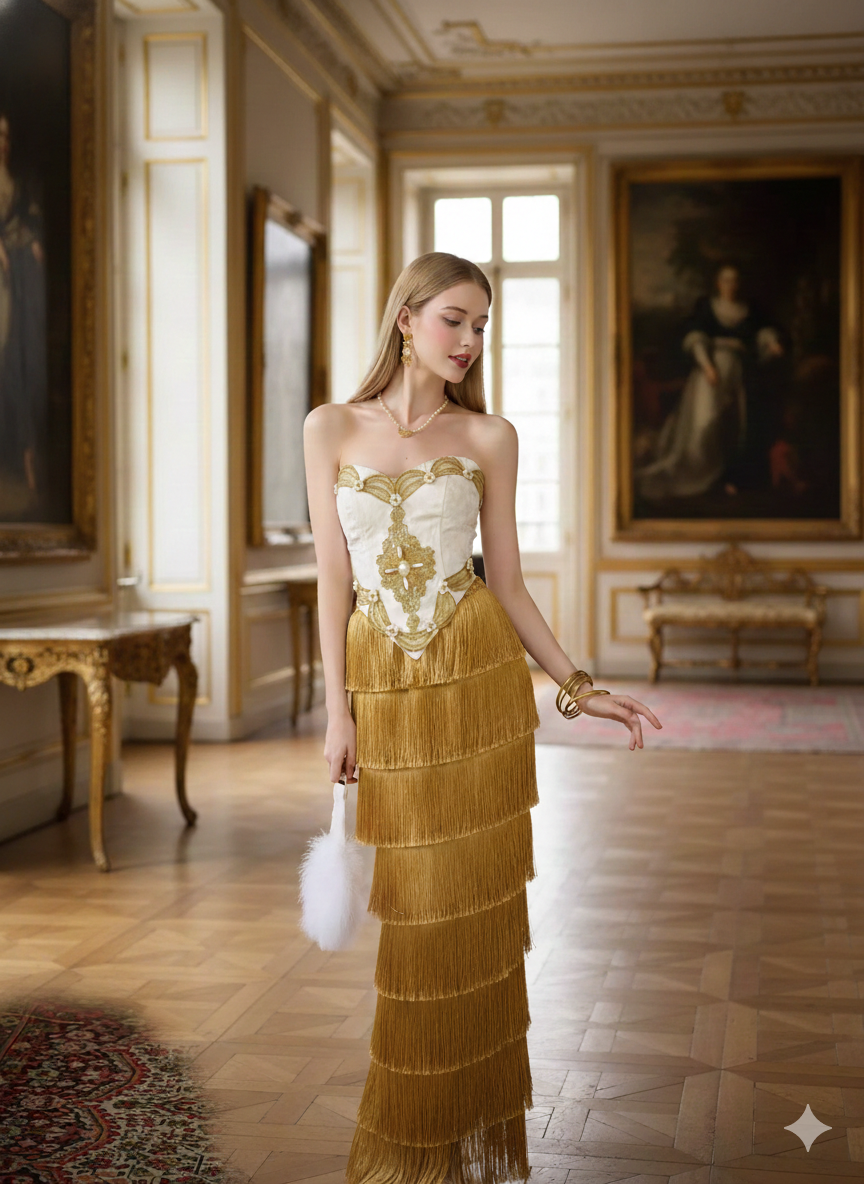 Parisian Palace Style Strapless Corset Gold Tassel Layered French Dress Women Dress