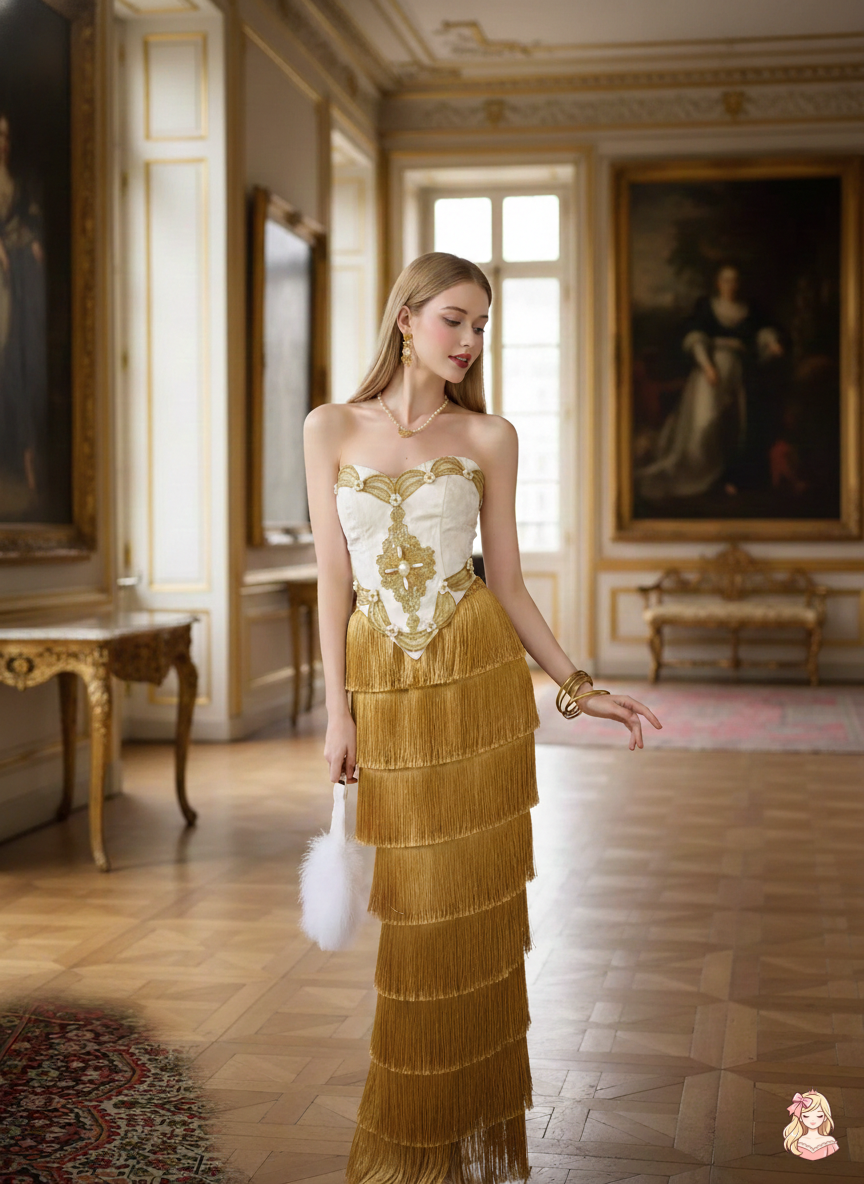 The Palace Gold Corset Gown | Strapless Tassel Layered Dress | French Theatre Performance Maxi | Parisian Princess