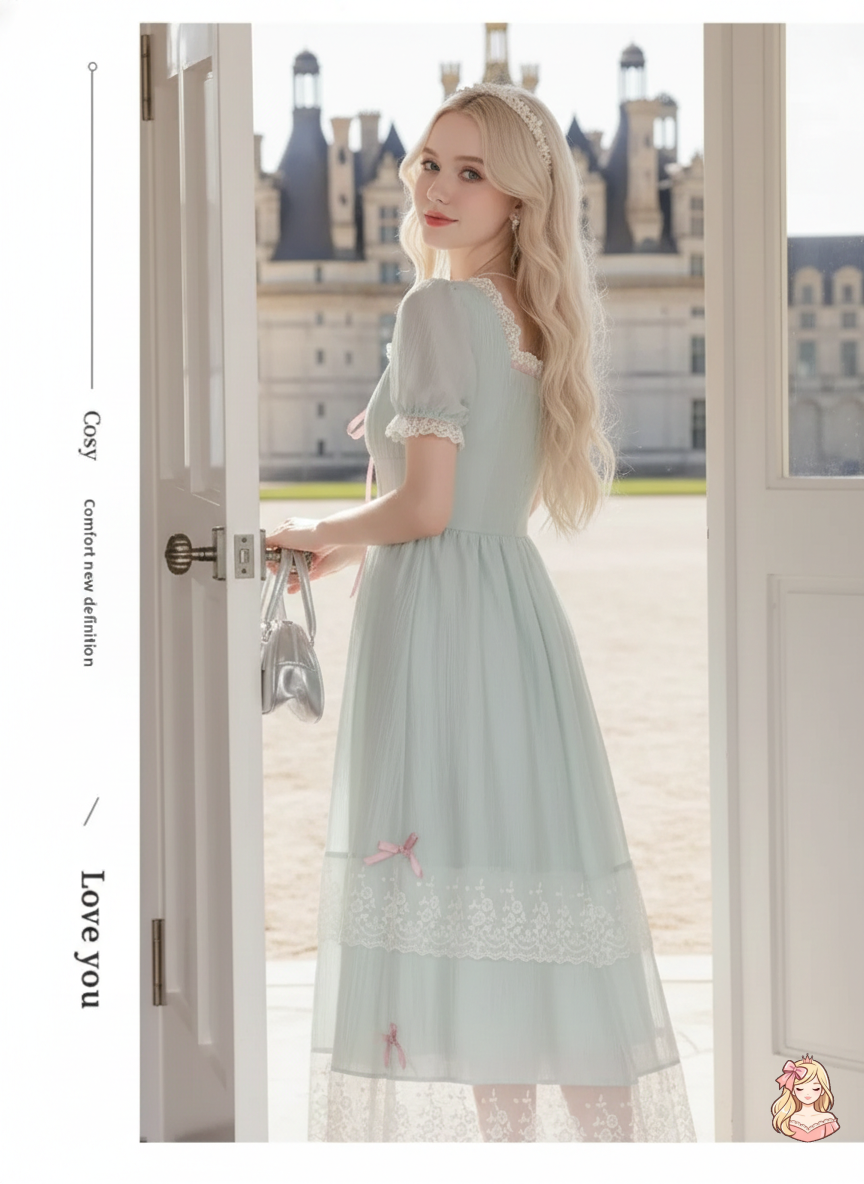 The Chambord Fairy Gown | Green Bow Lace Square Neck Dress | French Mori Girl Summer Dress | Parisian Princess