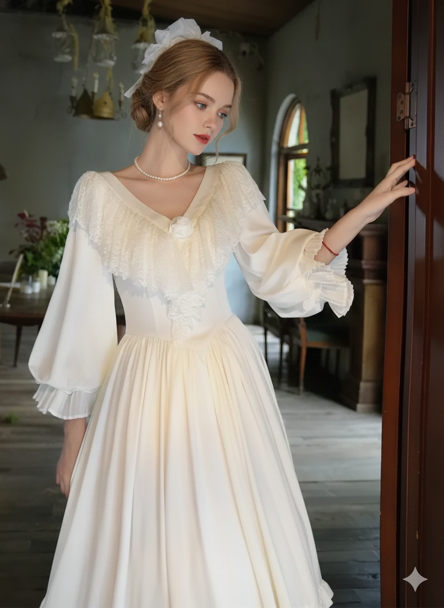 Parisian Satin Lace Dress Lantern Sleeve Long Maxi Ladies S-XL Vintage High Waist 2025 New V Neck White