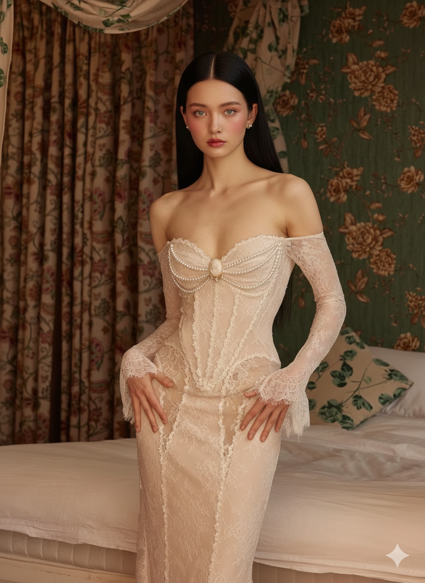 Parisian Romantic Winter Evening Gown Lace Dress Women Vintage Elegant Slim Sexy Birthday Wedding Party Strapless Dress