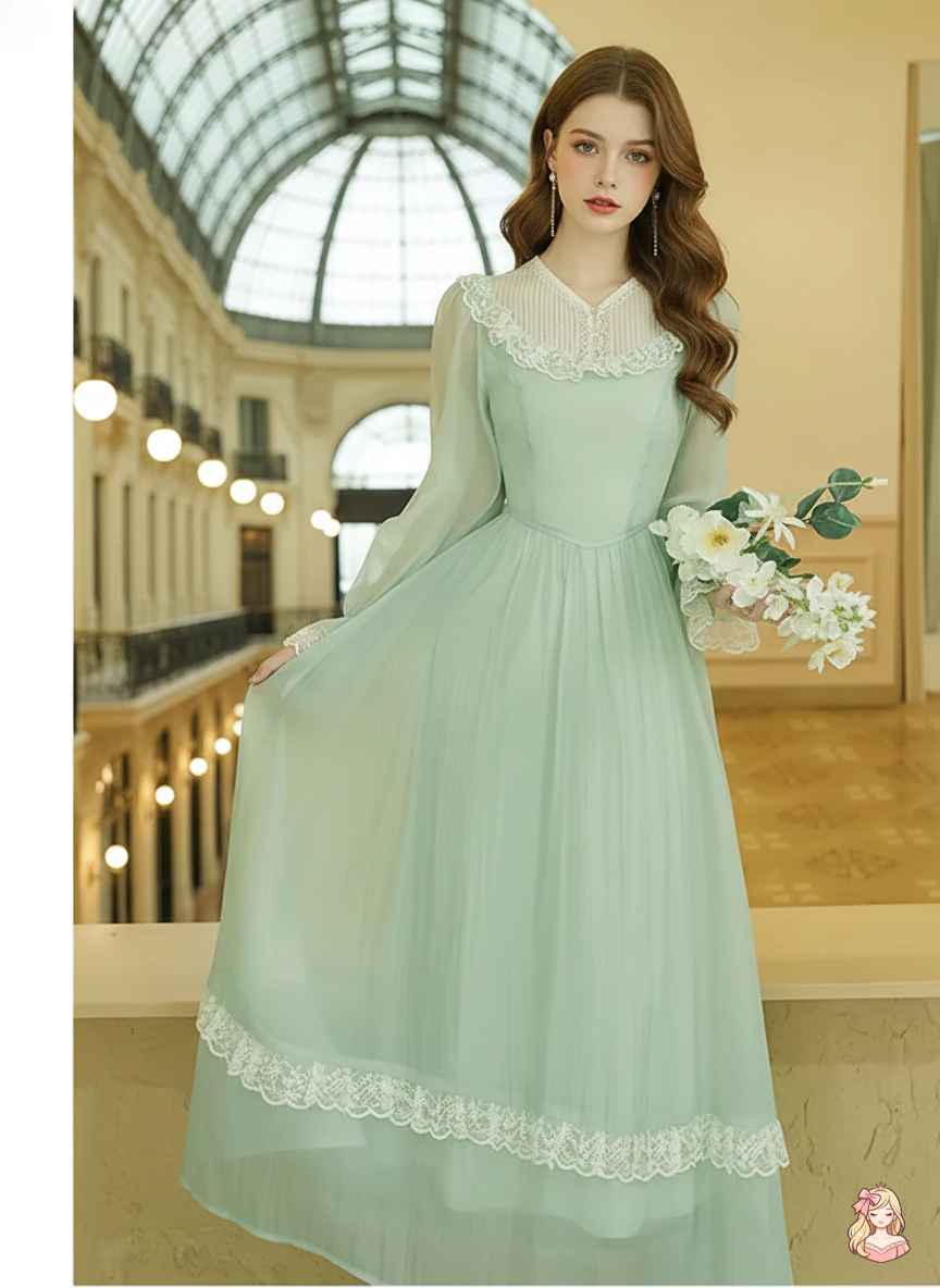 The Tuileries Green Fairy Dress | V-Neck Lace Flare Sleeve Midi | French Retro Empire Gown | Parisian Princess