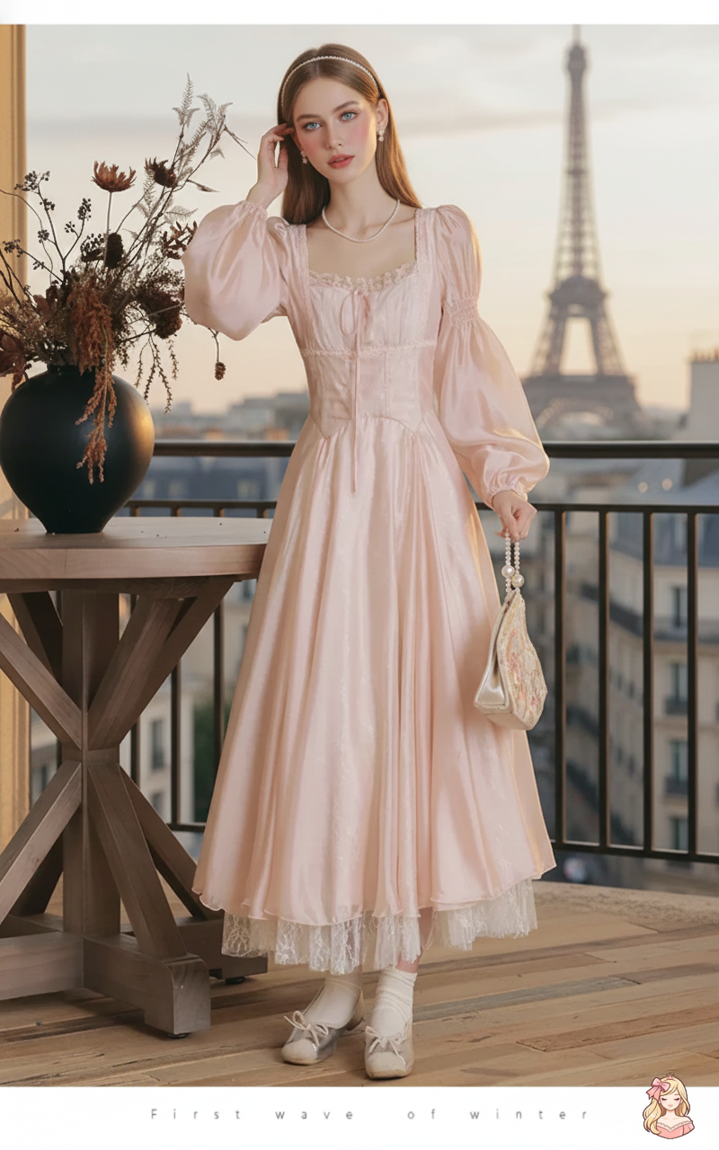 The Frosty Pink Chiffon Dress | Square Neck Lace Puff Sleeve Midi | Sweet Princess Gown | Parisian Princess