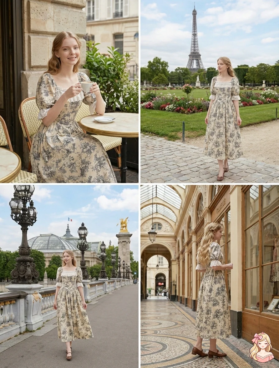 Parisian Botanical Print Long Dress Woman Square Neck Lace Short Puff Sleeves Slim Party Dresses French Cute Birthday Dress