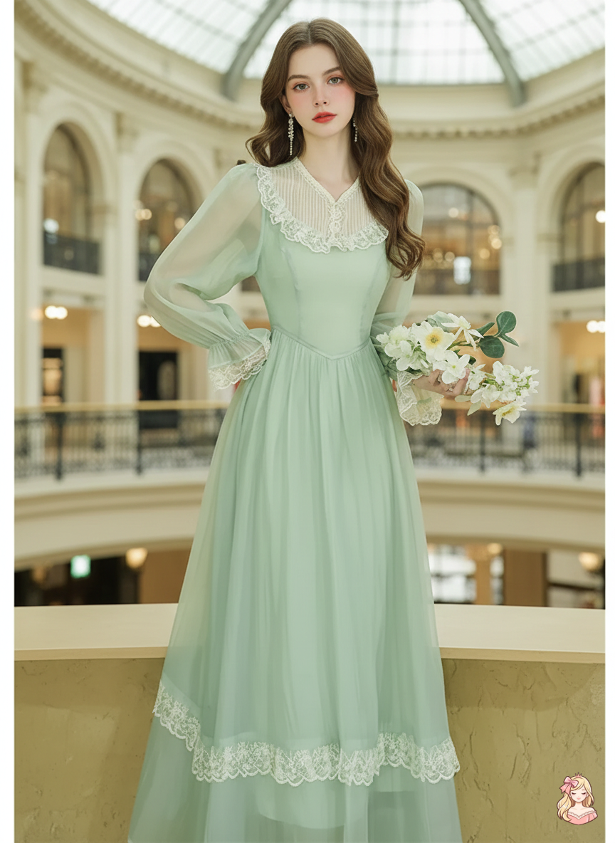The Tuileries Green Fairy Dress | V-Neck Lace Flare Sleeve Midi | French Retro Empire Gown | Parisian Princess