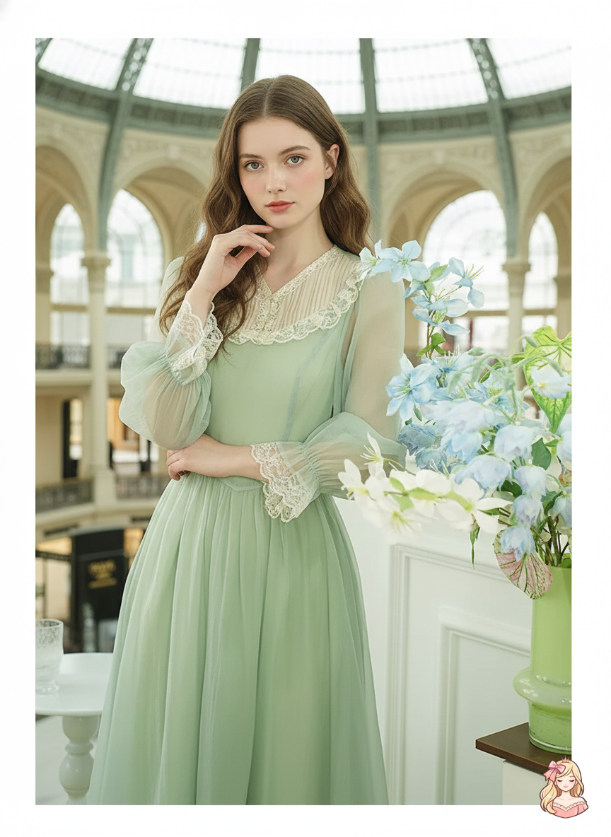 The Tuileries Green Fairy Dress | V-Neck Lace Flare Sleeve Midi | French Retro Empire Gown | Parisian Princess