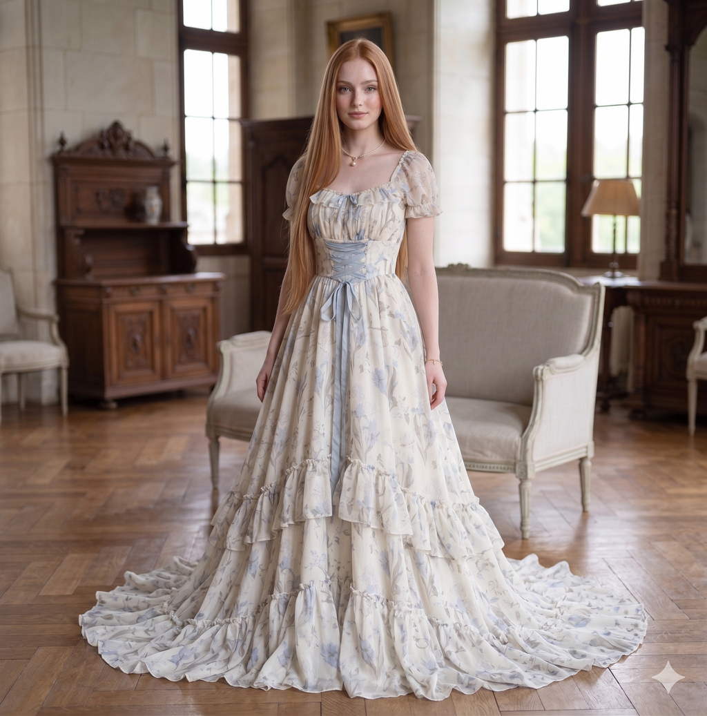 Woman in a vintage-style dress standing in an elegant room with wooden floors and furniture.