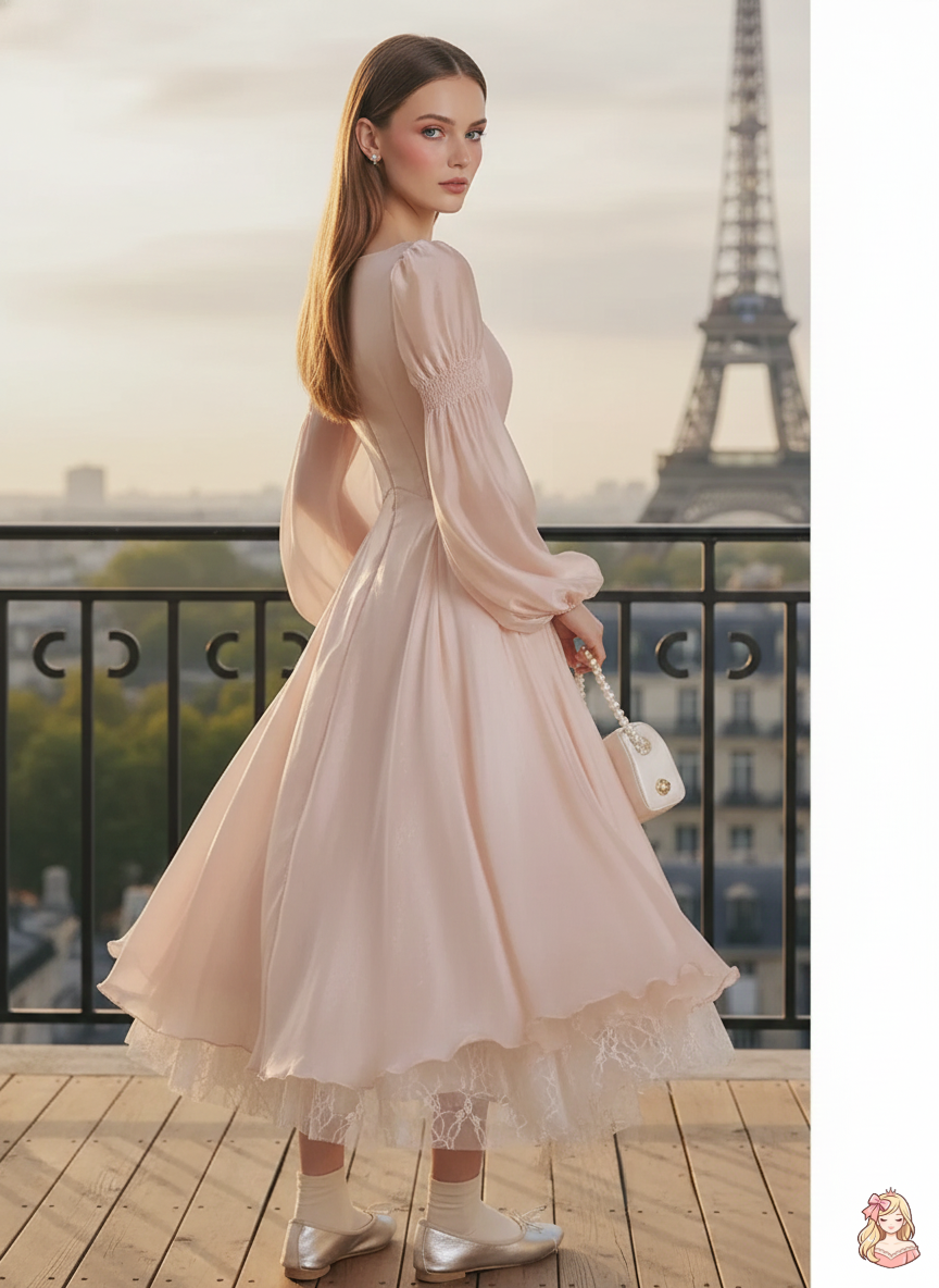 The Frosty Pink Chiffon Dress | Square Neck Lace Puff Sleeve Midi | Sweet Princess Gown | Parisian Princess