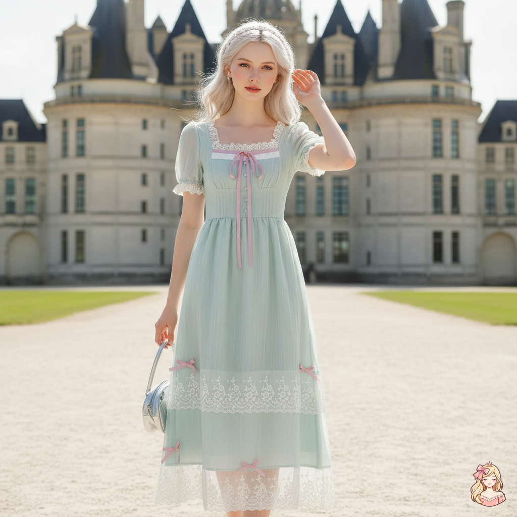 The Chambord Fairy Gown | Green Bow Lace Square Neck Dress | French Mori Girl Summer Dress | Parisian Princess