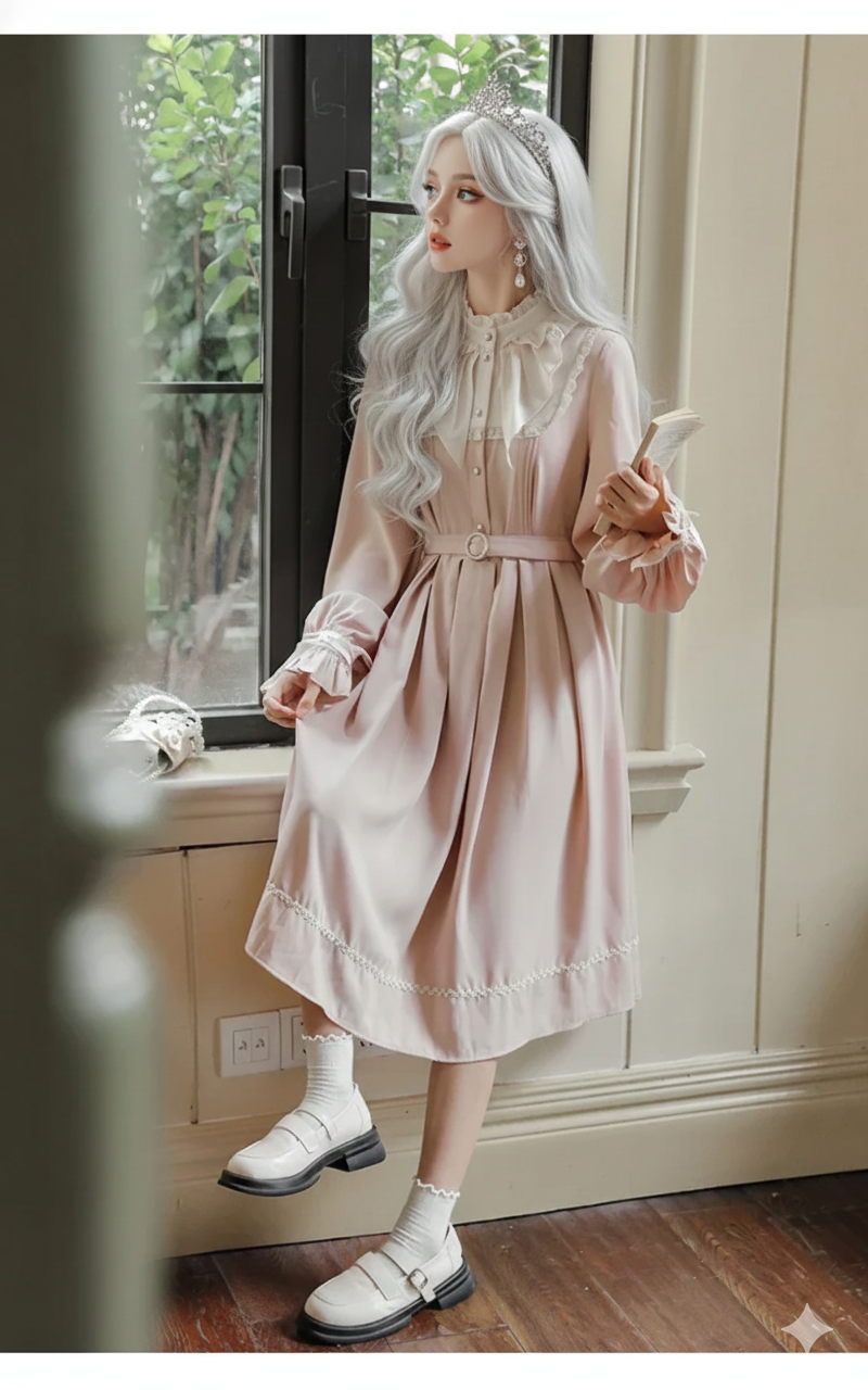 The French Elegant Sweet Lolita Pink Gown | Parisian Bow Lace Ruffle Patchwork Dress | European Party Princess Ankle-Length Dress | Parisian Princess