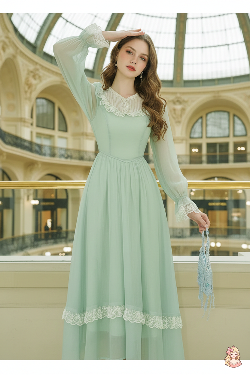 The Tuileries Green Fairy Dress | V-Neck Lace Flare Sleeve Midi | French Retro Empire Gown | Parisian Princess