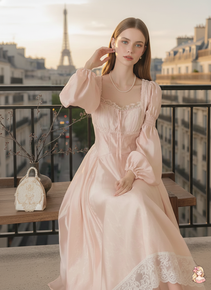 The Frosty Pink Chiffon Dress | Square Neck Lace Puff Sleeve Midi | Sweet Princess Gown | Parisian Princess
