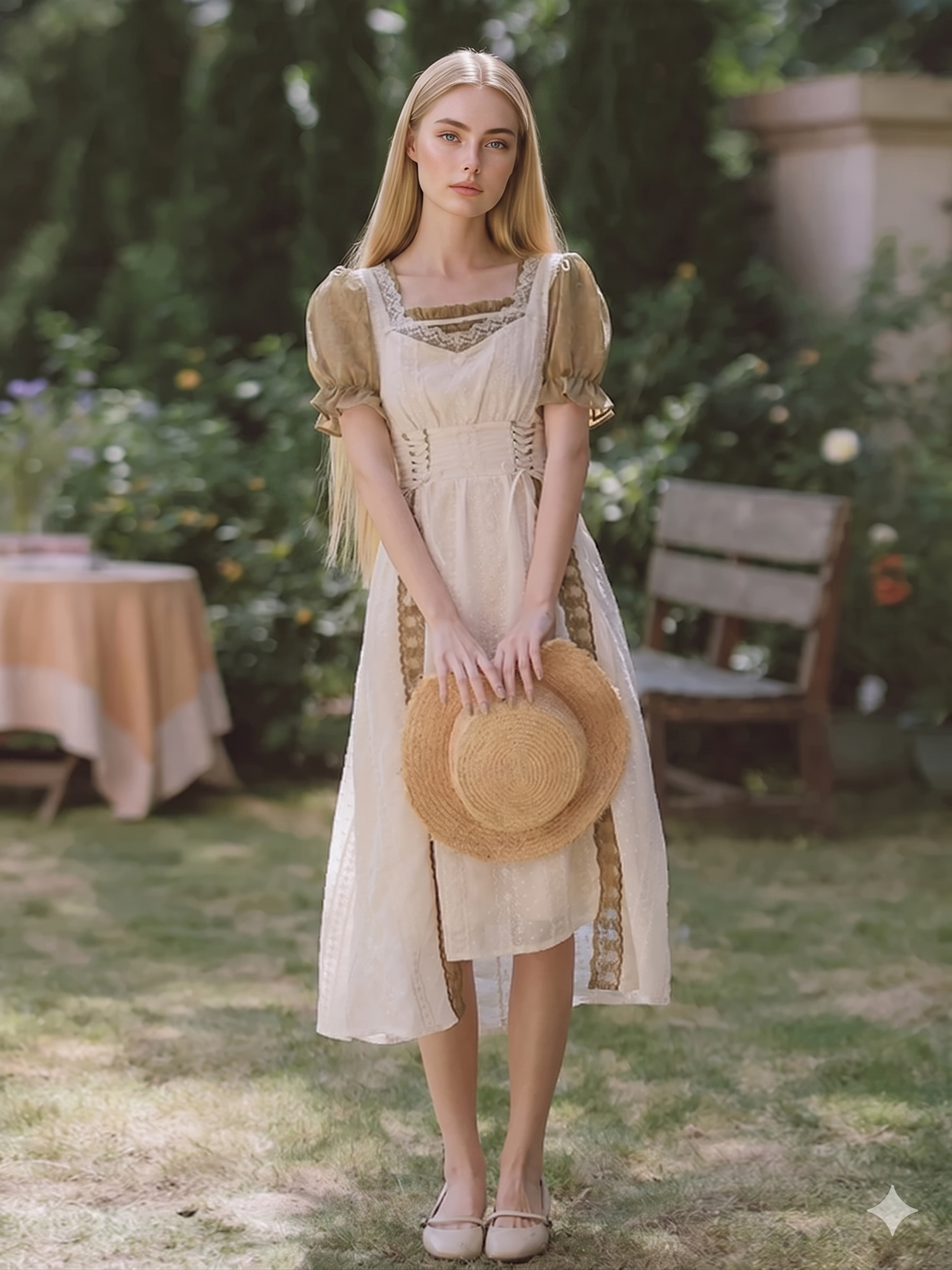 Woman in a vintage-style dress holding a straw hat in a garden setting