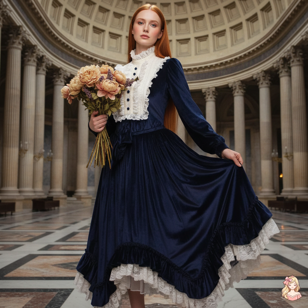 The French Court Velvet Gown | Lace Stitching Long Sleeve Maxi | Parisian Retro Lolita Dress | Parisian Princess