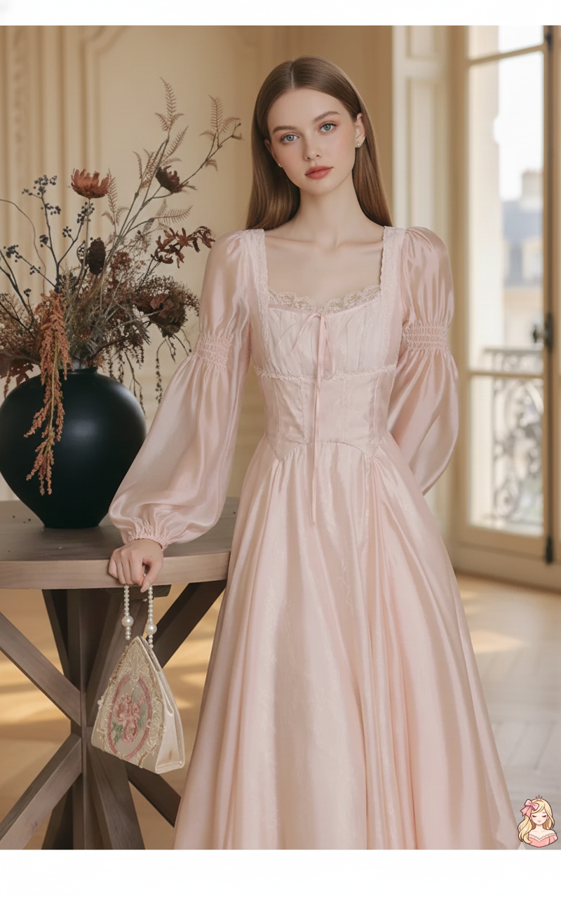 The Frosty Pink Chiffon Dress | Square Neck Lace Puff Sleeve Midi | Sweet Princess Gown | Parisian Princess