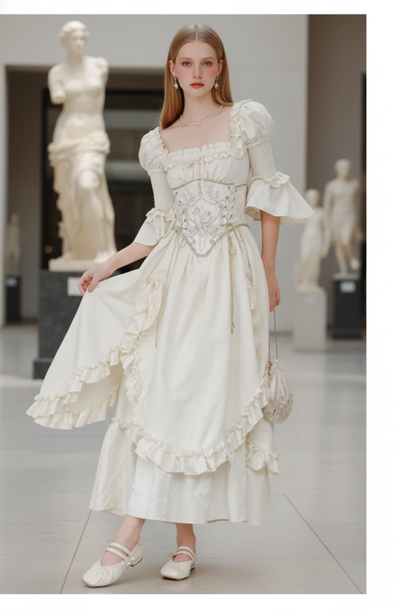 Vintage Parisian Style Princess Dress For Woman Retro French Jacquard Bandage Puff Sleeve Fairy Dresses Stage Performance