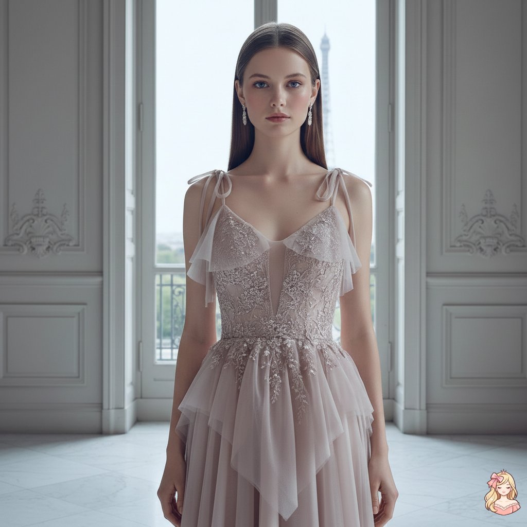 The French Sequined Crown Gown | V-Neck Crepe Ball Gown | Luxury Summer Wedding Party Dress | Parisian Princess
