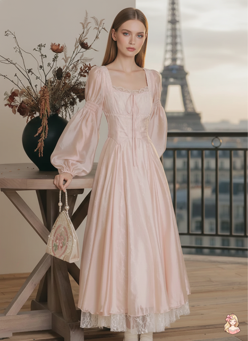 The Frosty Pink Chiffon Dress | Square Neck Lace Puff Sleeve Midi | Sweet Princess Gown | Parisian Princess