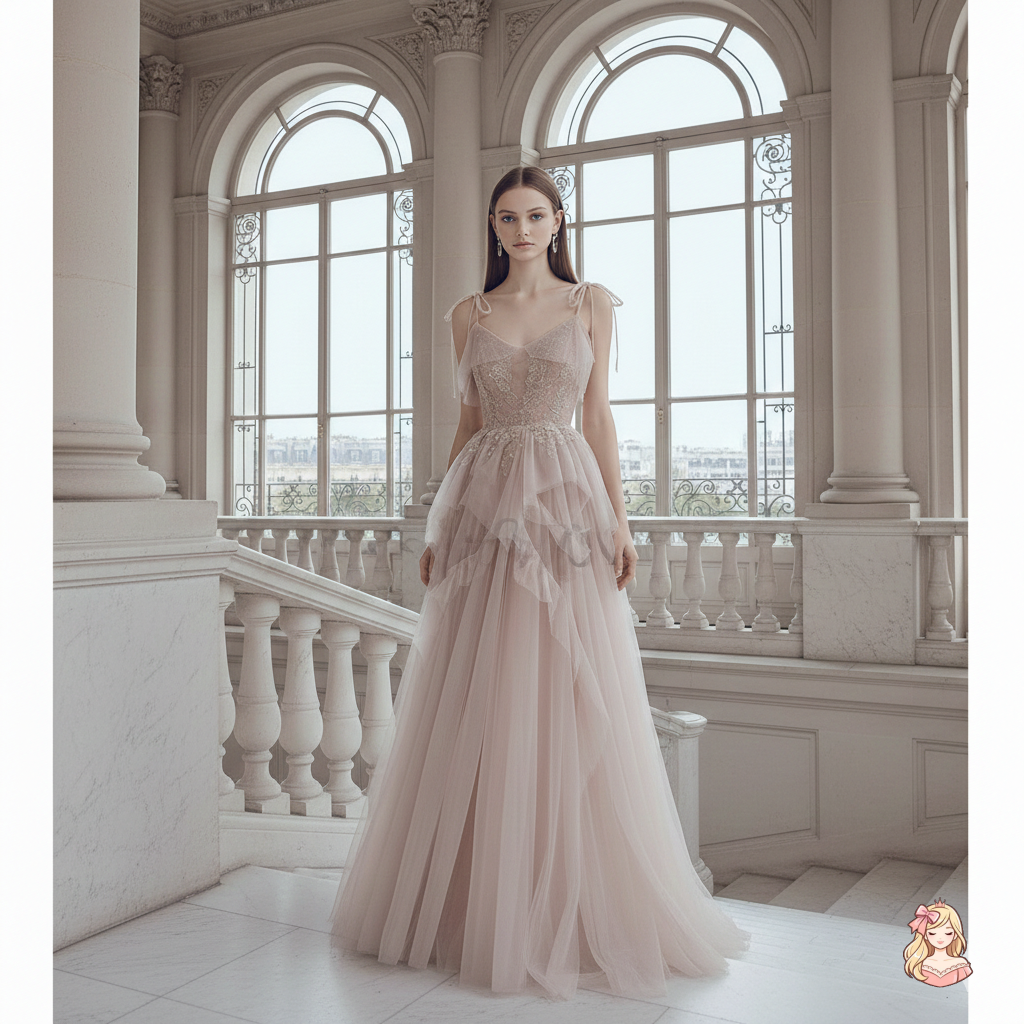 The French Sequined Crown Gown | V-Neck Crepe Ball Gown | Luxury Summer Wedding Party Dress | Parisian Princess