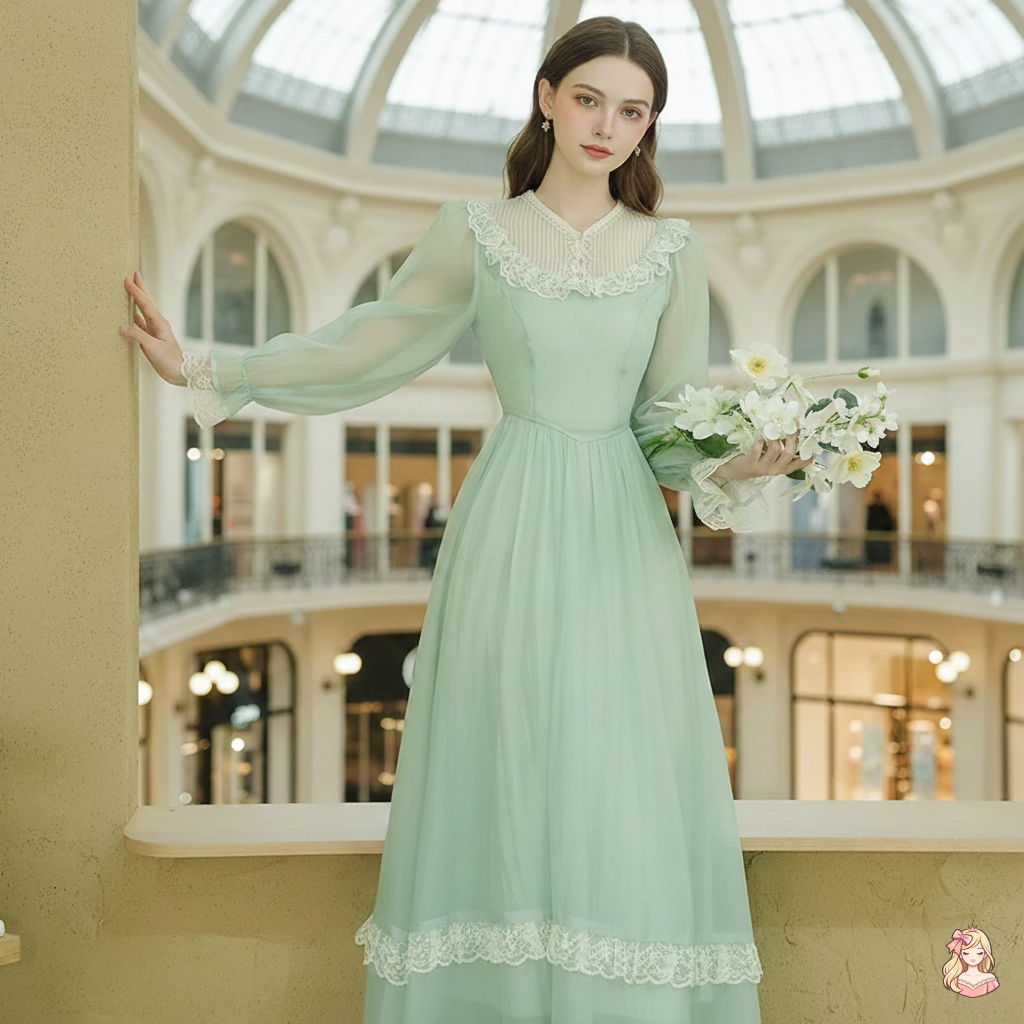 The Tuileries Green Fairy Dress | V-Neck Lace Flare Sleeve Midi | French Retro Empire Gown | Parisian Princess