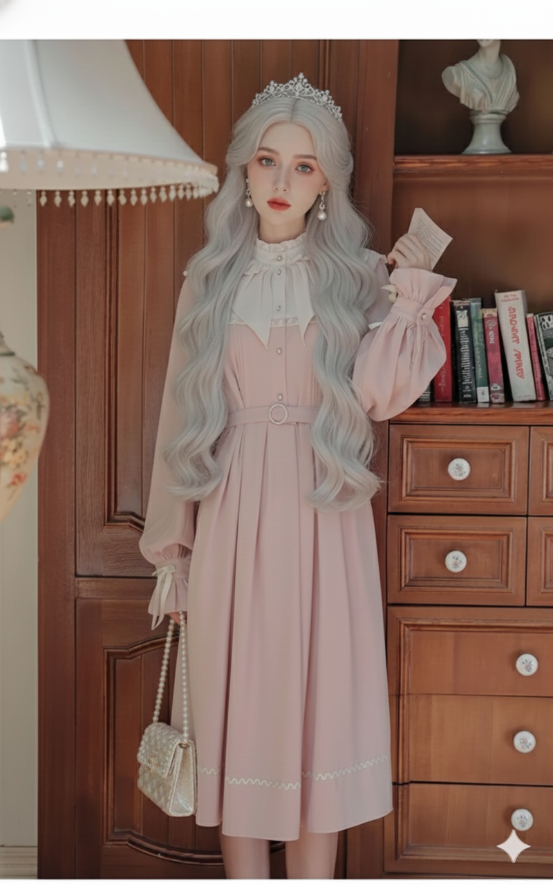 French Sweet Cute Dresses Pink Stand Collar Ruffle Design Chic Flared Sleeve Chiffon Dress French Parisian Lolita Vestidos