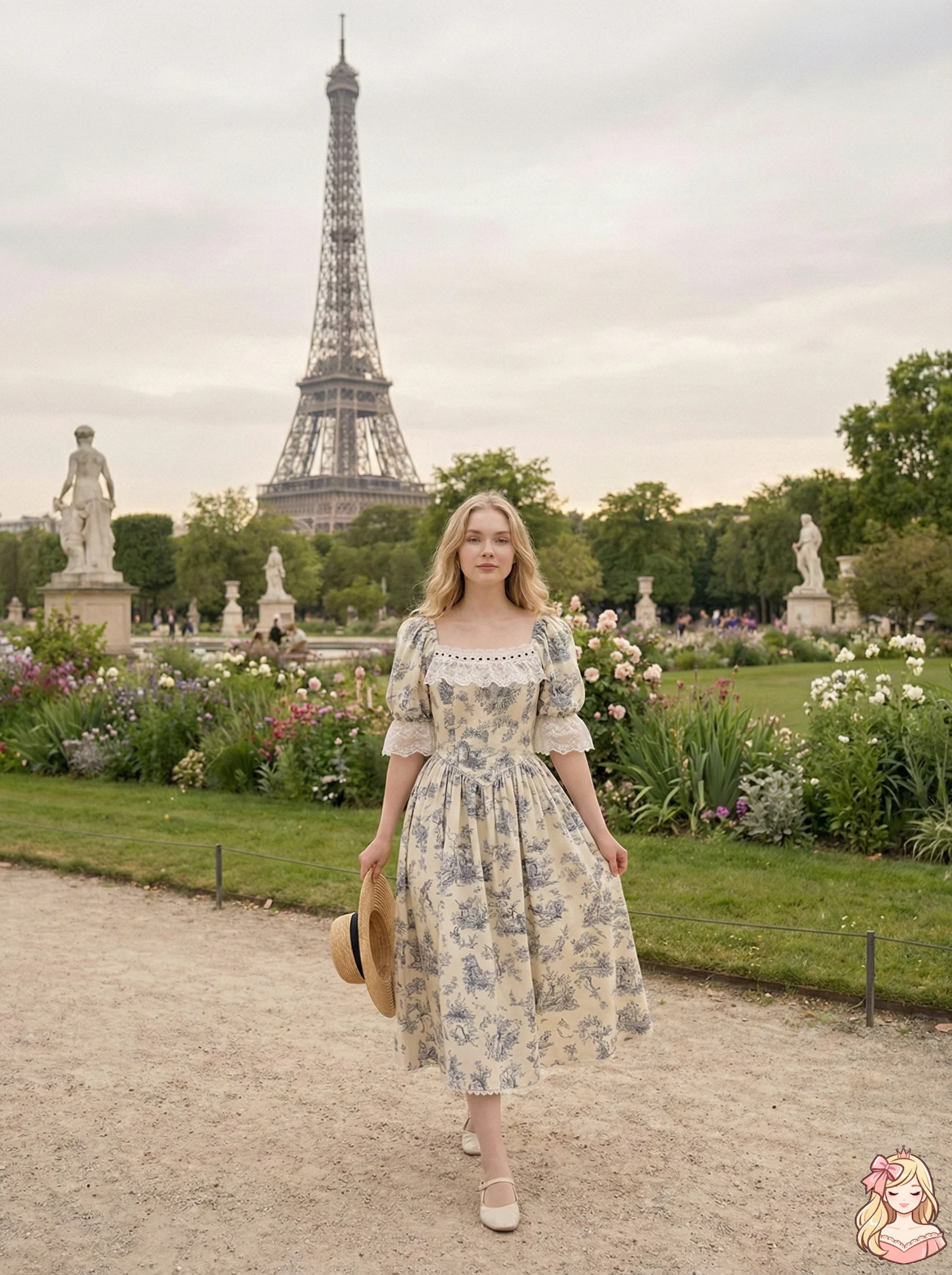 Parisian Botanical Print Long Dress Woman Square Neck Lace Short Puff Sleeves Slim Party Dresses French Cute Birthday Dress